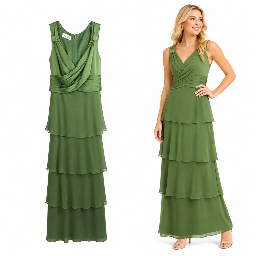 La Nuit Womens 2 Green Layered Maxi Gown Formal Evening Dress V Neck Sleeveless